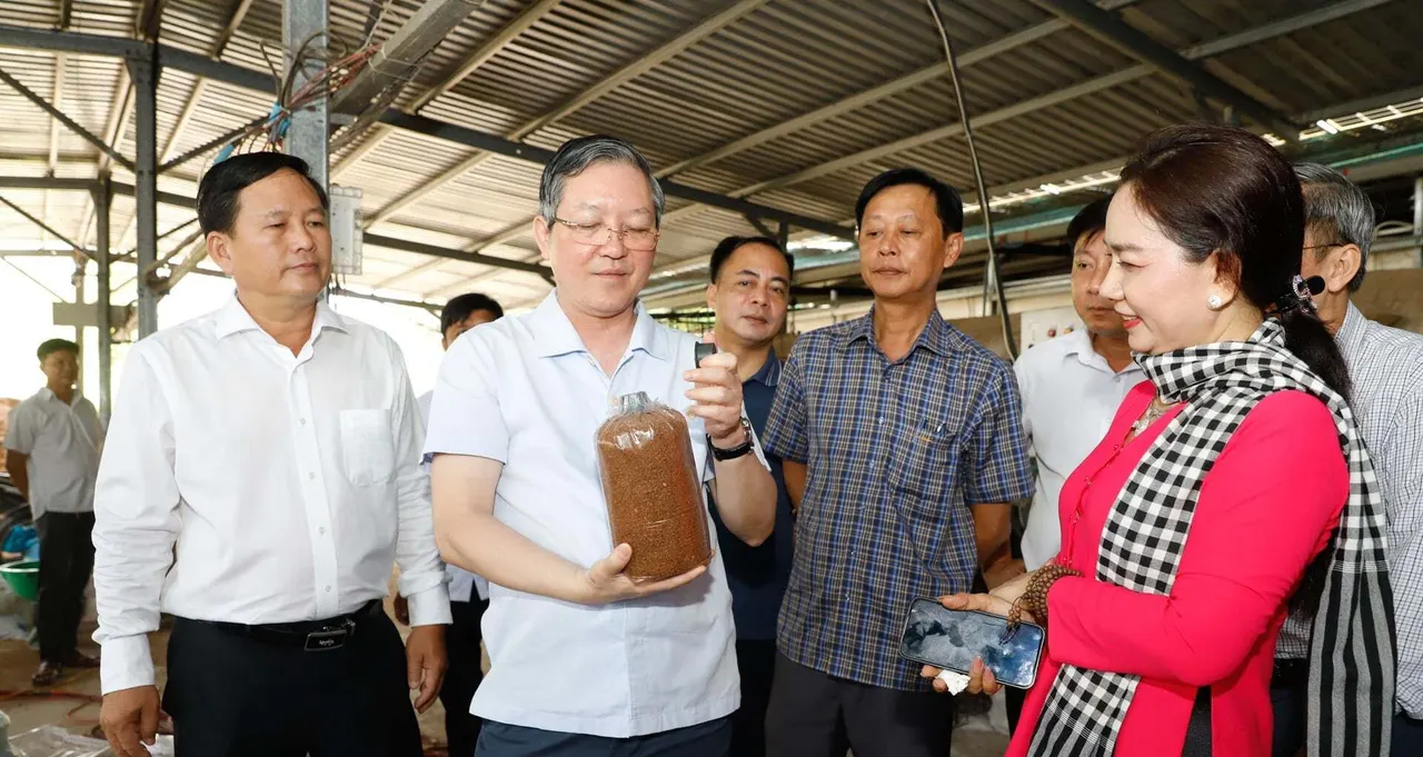 Chị Châu Thị Nương áo đỏ quàng khăn rằn đứng cạnh đoàn khách, một vị khách cầm bịch phôi nấm xem xét