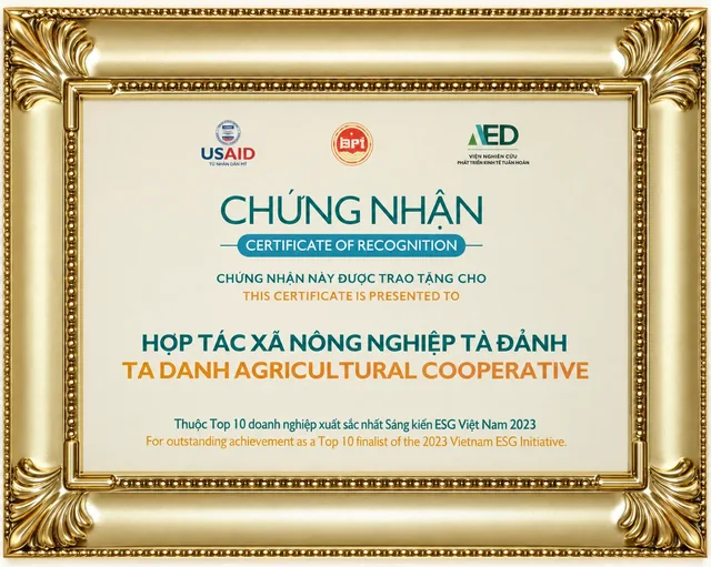 Giấy chứng nhận khung vàng có logo USAID, trao tặng Hợp tác xã Nông nghiệp Tà Đảnh, thuộc Top 10 doanh nghiệp xuất sắc nhất Sáng kiến ESG Việt Nam 2023