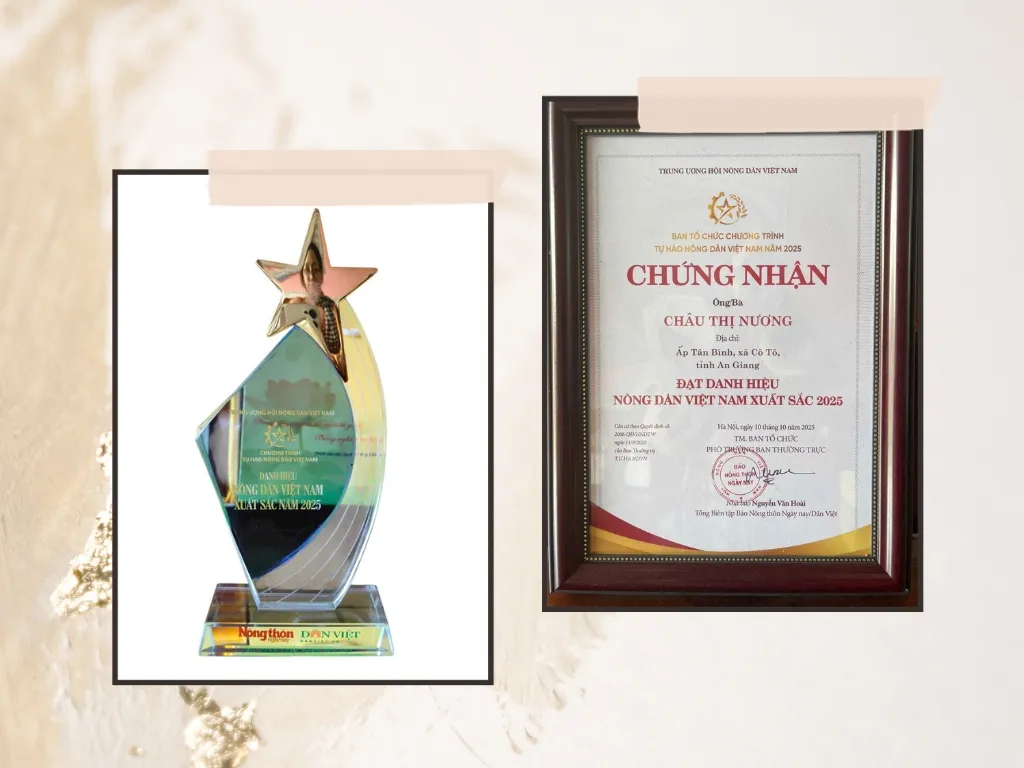 Cúp pha lê và giấy chứng nhận ghi tên Châu Thị Nương đạt danh hiệu Nông dân Việt Nam xuất sắc 2025